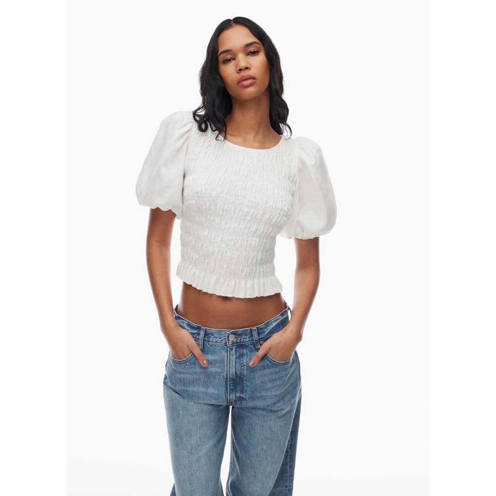 ARITZIA WilfredDorchester Linen Blouse White Smocked Puff Sleeves Small $128
